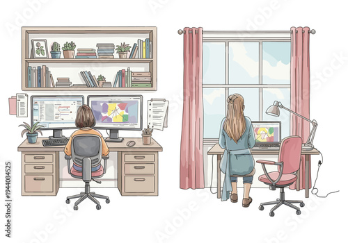 Two women working on computers in separate home office spaces with bookshelves and windows