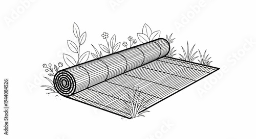 Rolled reed mat with wildflowers and grass in a simple line drawing