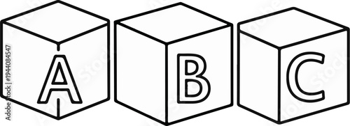 Three cubes display letters A, B, and C in a simple outline style