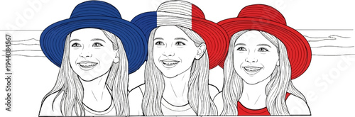 Three girls in wide-brimmed hats, one with French flag colors, enjoy a sunny day