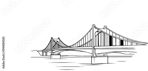 Line drawing of a suspension bridge with multiple spans and towers over a body of water