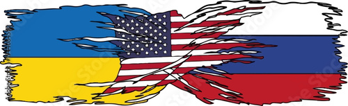 Three flags torn and interwoven, suggesting conflict and alliance