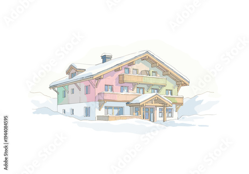 Charming alpine chalet nestled in a snowy mountain landscape with colorful accents