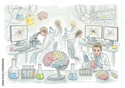 Scientists conduct brain research in a modern laboratory with advanced equipment and colorful brain models