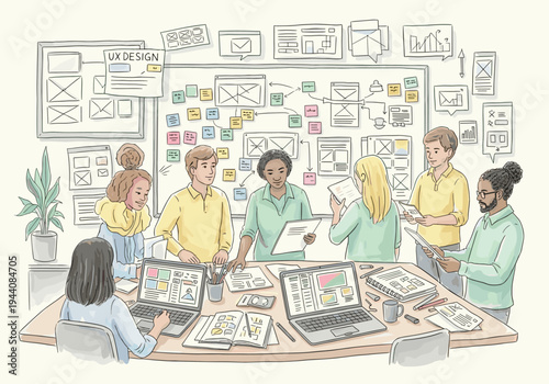 Diverse team collaborating on UX design wireframes and user interface mockups in a meeting room