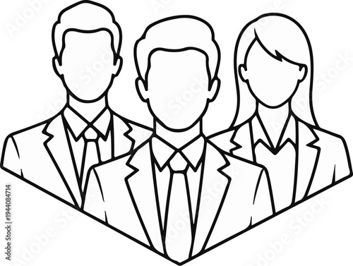 Three stylized individuals in suits, two males, one female, presented as a team