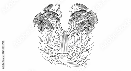 Lush jungle scene with a cascading waterfall into a serene river