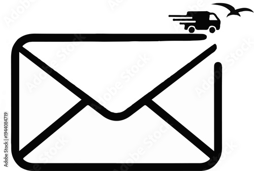 Stylized black icon of an open envelope with a fast-moving delivery truck and birds