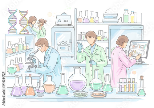Scientists conducting research in a modern laboratory with DNA and advanced equipment