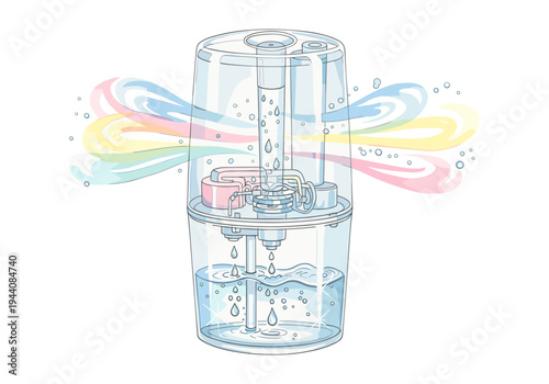 Humidifier diagram showing internal components and mist dispersal with colorful vapor streams