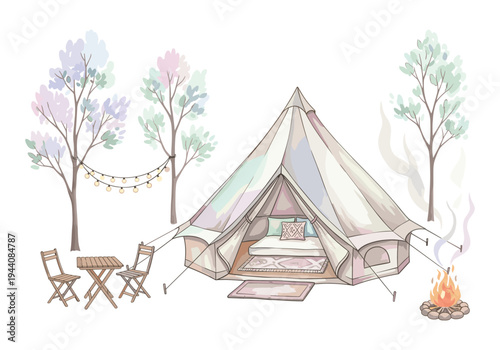 Cozy glamping tent setup with campfire, string lights, and outdoor seating