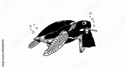 Sea turtle struggling with plastic debris, a solemn reminder of ocean pollution