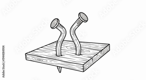 Two bent nails emerge from a wooden plank, one angled left, the other right