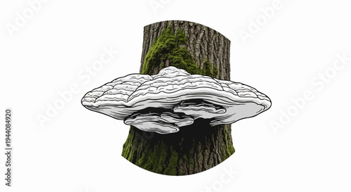Shelf fungus growing on a moss-covered tree trunk