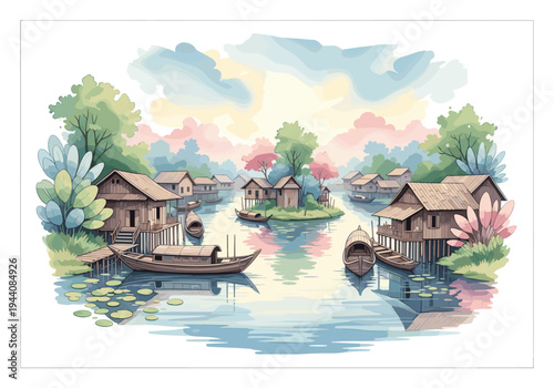 Watercolor painting of a serene village on stilts with boats on a calm river