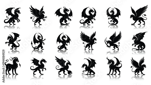 Intricate black and white silhouettes of mythical birds in various dynamic poses Vector