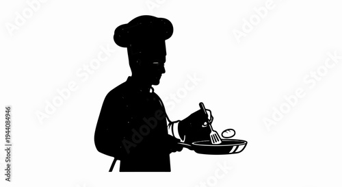 Silhouette of a chef cooking eggs in a frying pan with a spatula