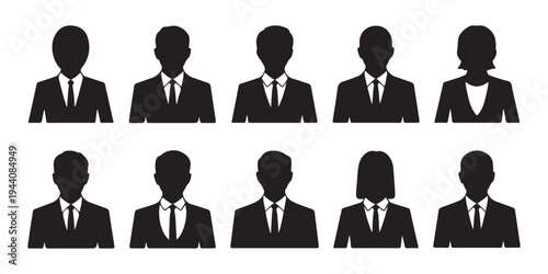 Set of black user profile avatars, business people icons, person, male and female silhouettes