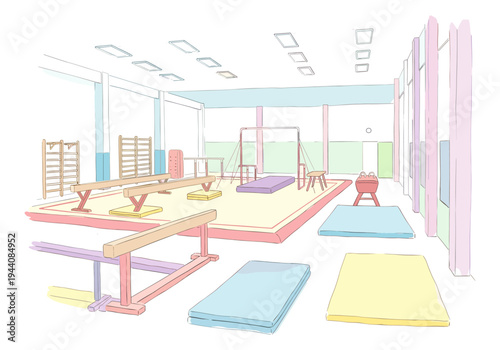 Bright and colorful gymnastics hall with various equipment for training and practice