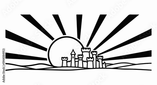 Stylized castle skyline at sunrise with radiating sunbeams