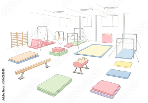 Gymnastics training room with various equipment and a young girl practicing