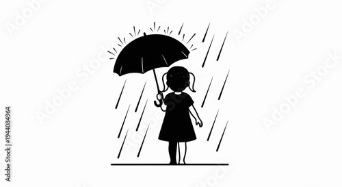 Silhouette of a child holding an umbrella in the rain