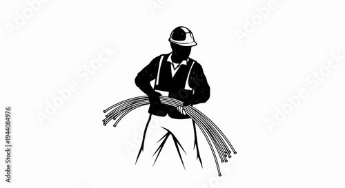 Silhouette of a construction worker in hard hat and vest, carrying metal rods