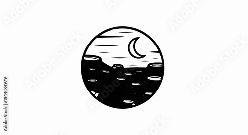 Stylized circular scene of a barren landscape under a crescent moon