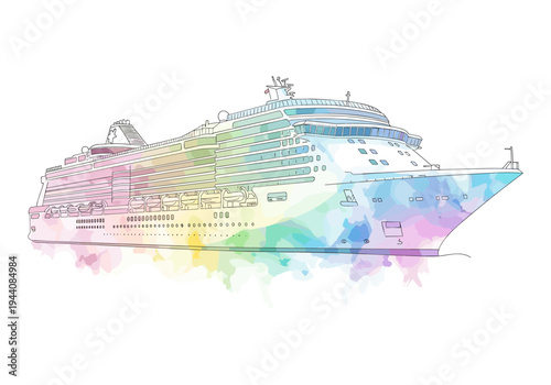 Colorful watercolor cruise ship illustration with a clean outline on a white background