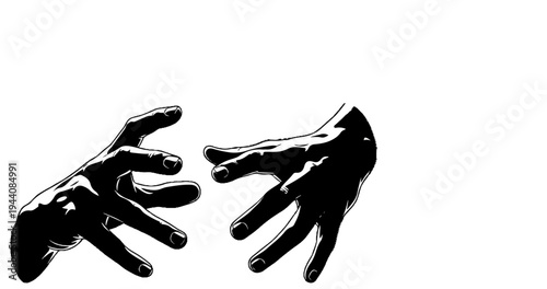 Two black, stylized hands reach out with fingers spread, against a white background