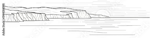 Stylized cliffside landscape with a setting sun over a calm sea