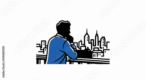 Silhouette of a man in a blue jacket looks thoughtfully at a stylized cityscape