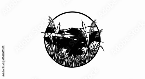 Stylized depiction of a marsh with reeds and calm water within a circle