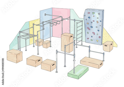Indoor parkour gym with colorful walls, climbing wall, and wooden boxes for training