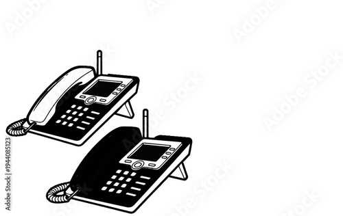 Two cordless phones with screens and antennas sit on stands