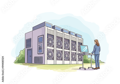 Woman monitoring large server cooling units with computer in an outdoor data center
