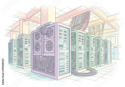Server room with racks of computers and tangled cables, digital illustration