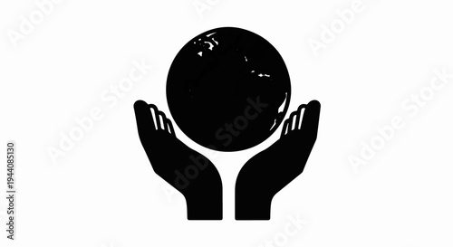 Two cupped hands hold a silhouetted globe on a white background
