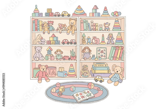 Whimsical illustration of a child's playroom filled with colorful toys on shelves and a rug