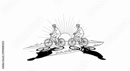 Two cyclists ride against a rising sun with bold shadows