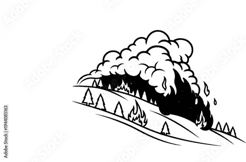 Stylized depiction of a wildfire consuming trees on a hillside, with large plumes of smoke