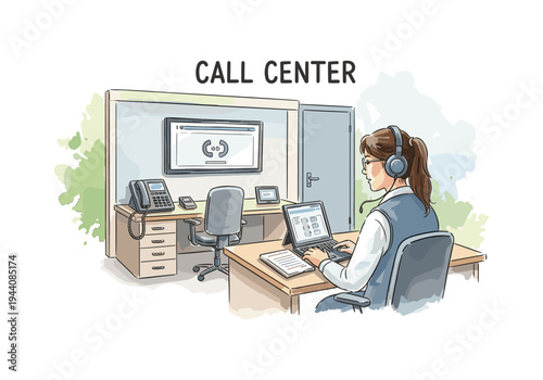 Call center agent wearing headset works on laptop at desk with telephone and monitor