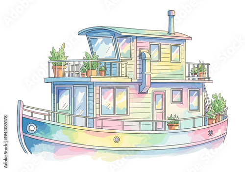 Charming pastel houseboat with potted plants on multiple decks and balconies