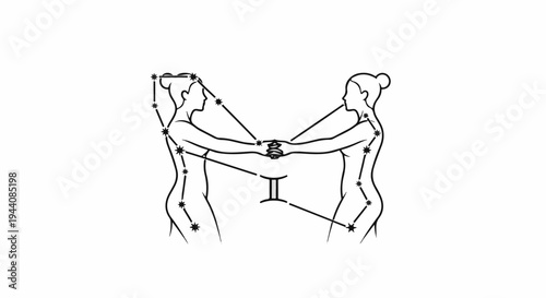 Two figures in silhouette form a constellation connecting them with stars and zodiac symbol