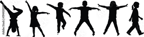 Kids playing silhouettes collection, children jumping dancing walking and handstand poses, playful childhood activities vector illustration isolated on white
