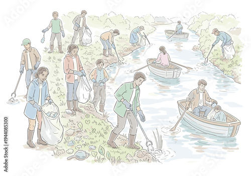 Diverse group of people cleaning up a river and its banks, collecting trash in bags