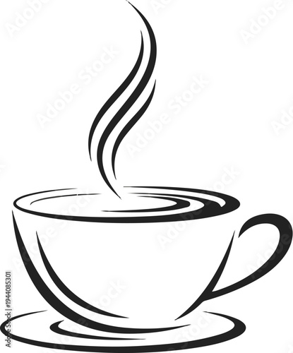 Stylized drawing of a steaming cup of coffee on a saucer