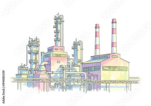 Colorful illustration of a large industrial factory complex with pipes and towers