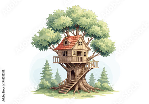 Charming wooden treehouse nestled in a lush green tree with a winding staircase