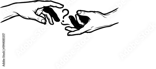 Two hands reaching out with a question mark between them, suggesting a query or uncertainty